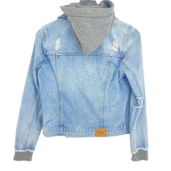ABERCROMBIE & FITCH NEW YORK Grey Hoodie Distressed Denim Jacket Size S - Picture 4 of 15